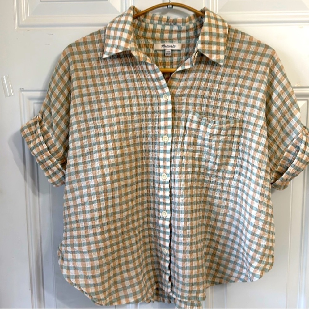 MADEWELL Women’s Plaid Button-Up Shirt Cream/Tan Short Sleeves Size XXS - Picture 2 of 9